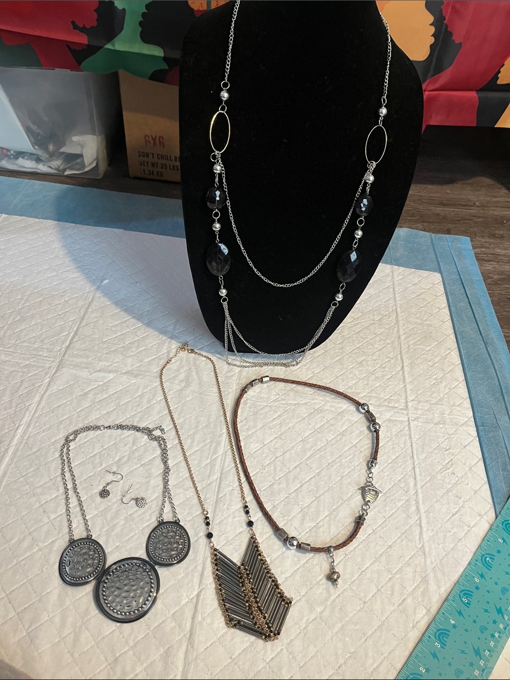 Silver and Black Multi-Strand Fashion Necklace - Unbranded
